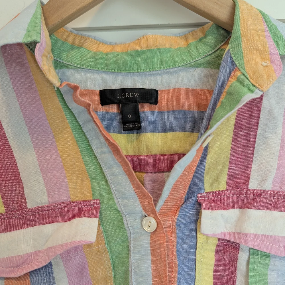 J.Crew Linen Blend Button Top Blouse Multicolored Stripe Size 0 XS Rainbow - Picture 4 of 10